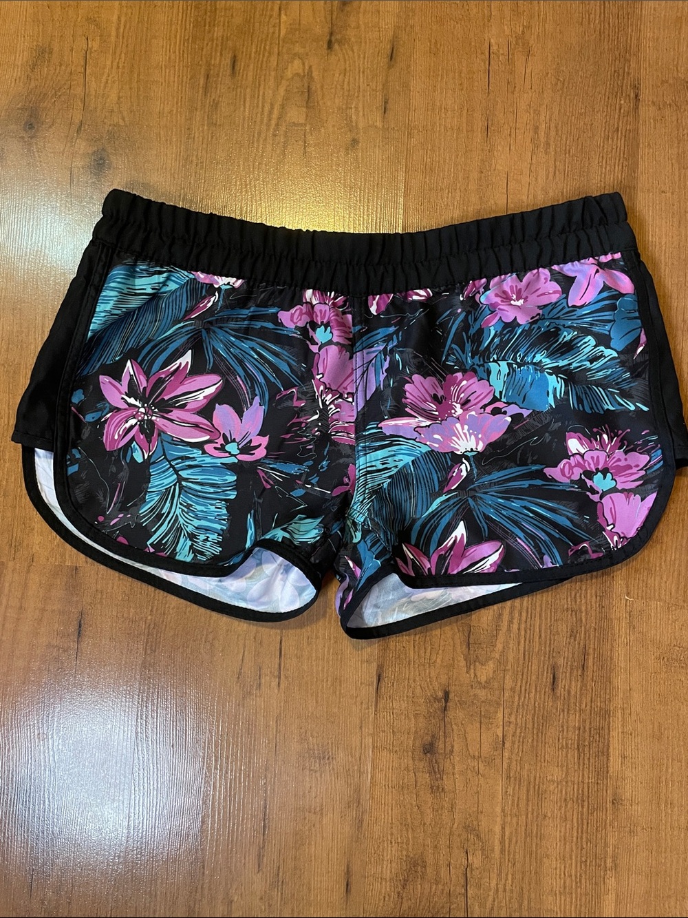 Burnside Black Floral Swim Shorts with Pink & Teal Print